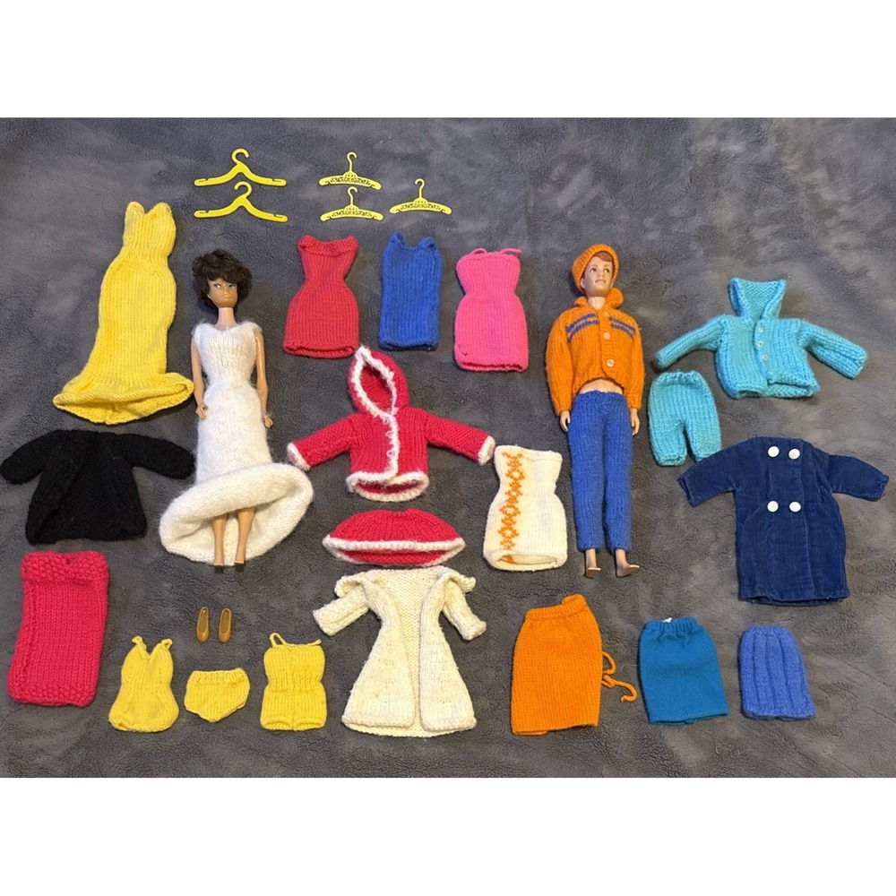 1962 Vintage Bubble Cut Brunette Midge &  1959 Allan Hand Crocheted Clothes Lot
